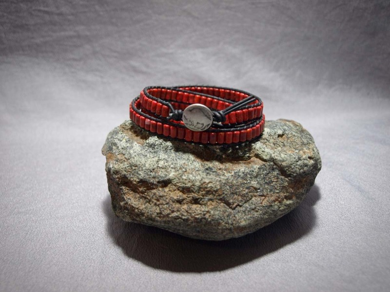 3 wrap bracelet Apple Coral Barrel, black leather and Buffalo button clasp - 24.5 in $75.00