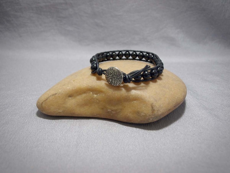 Single wrap bracelet 8mm Onyx, black leather, button clasp - 8 in $35.00