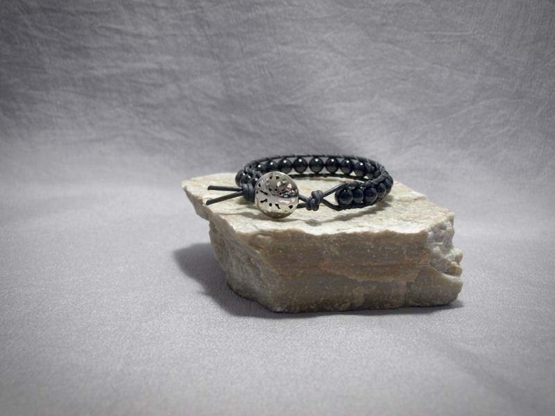 Single wrap bracelet 8mm Onyx, Black leather, button clasp - 8 in $35.00
