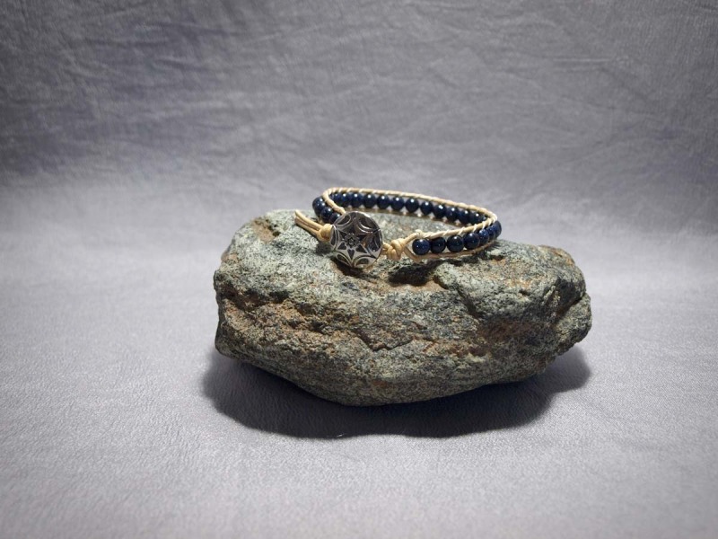 Single wrap bracelet 6mm  Blue Goldstone, Gold leather, button clasp - 8 in $35.00