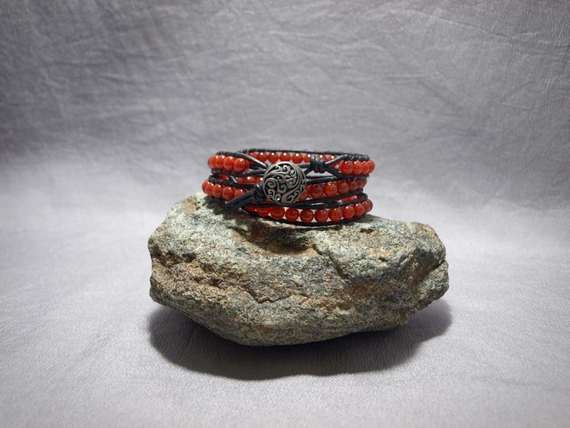 3 wrap bracelet 6mm Carnelian, black leather, button clasp - 24 in $70.00
