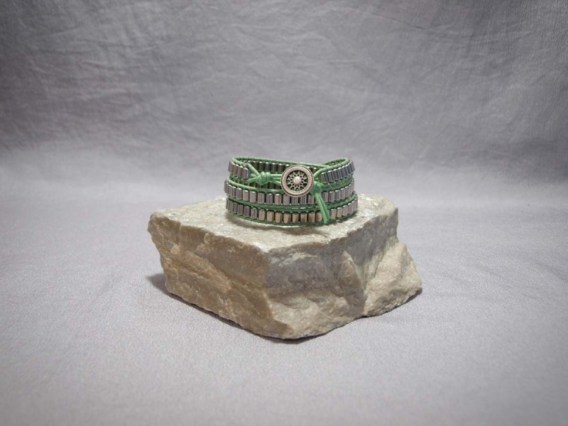 3 wrap bracelet Hematite Galvanized Silver, Green leather, button clasp - 24 in $70.00
