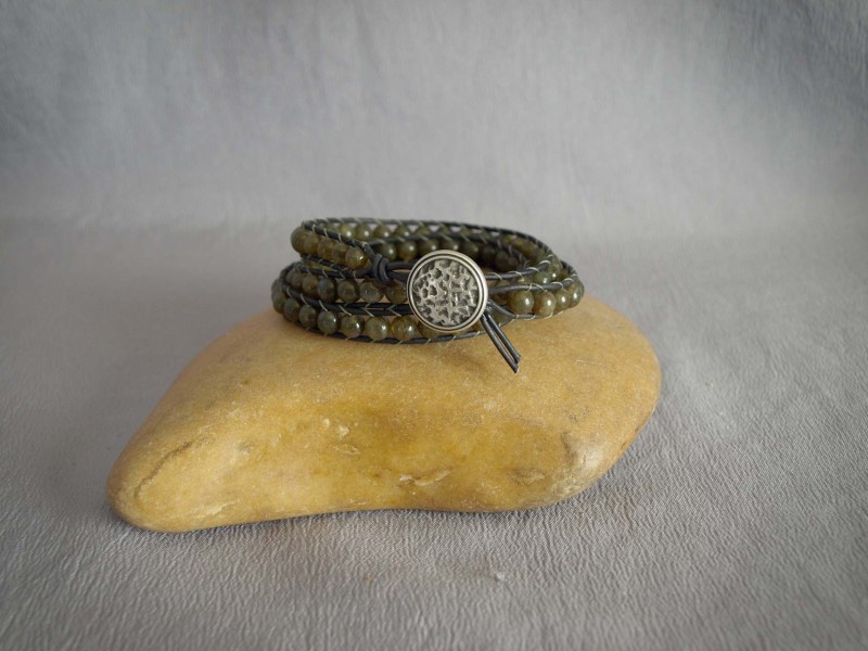3 wrap bracelet 6mm Chocolate Labradorite, Black leather, button clasp - 24 in $70.00