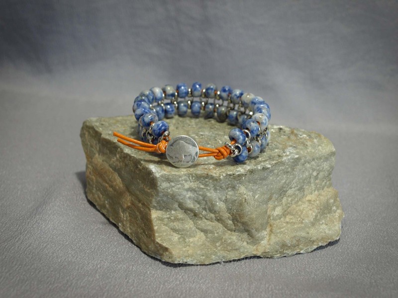 Single bracelet Sodalite large hole Rondell, Silver chain, Orange leather, Buffalo button clasp - 8 in $45.00