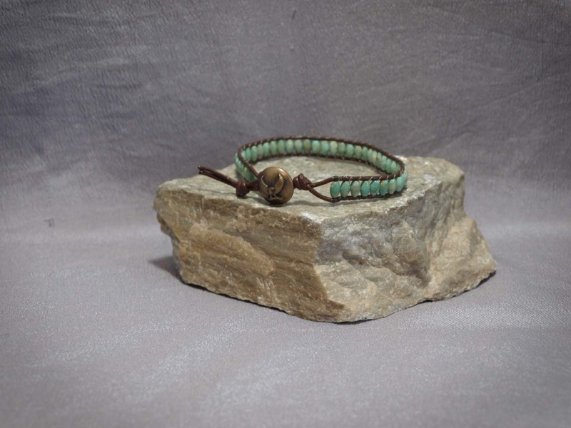 Single wrap bracelet Turquoise Rice, black leather and Button clasp - 8 in $45.00,