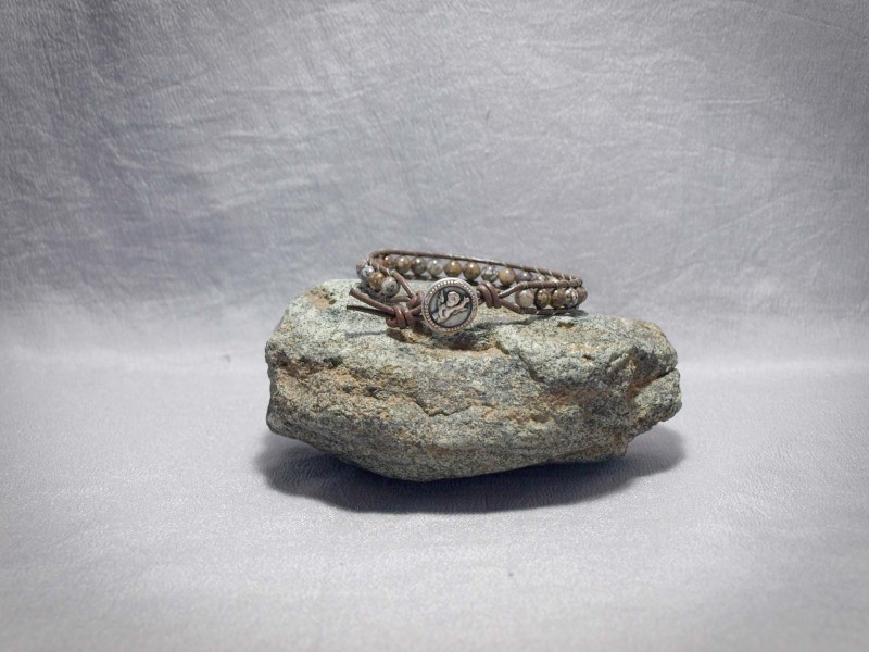 Single wrap bracelet 6mm Burmese Brown Opal, Brown leather and button clasp - 8.5 in $40.00