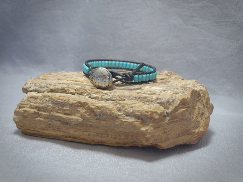 Single wrap Turquoise Small Barrel, Black Leather and Indian Head Nickel clasp - 8 in $60.00
