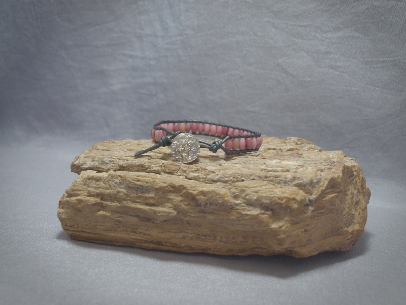 Single wrap Rhodonite Rice Small, Black Leather and button clasp - 8 in $55.00