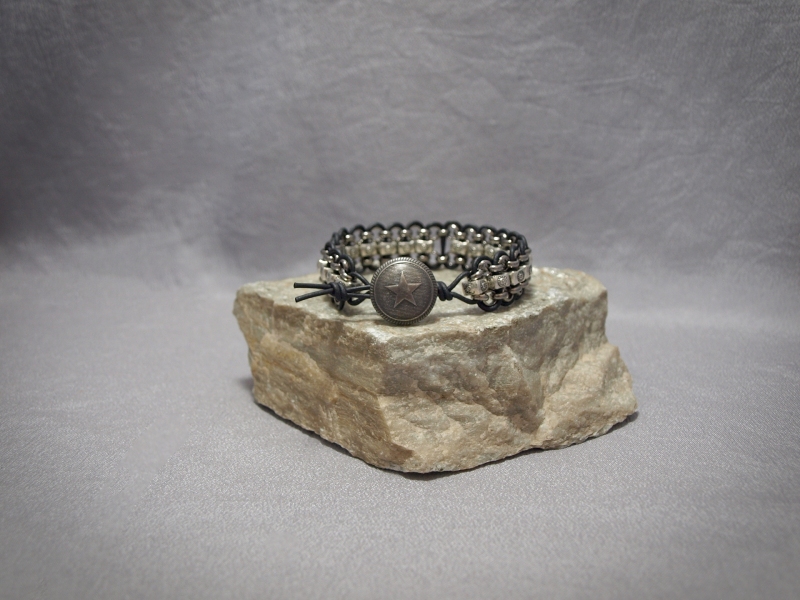 Single wrap Pewter beads, Silver chain, Black leather and button Clasp - 8 in $45.00