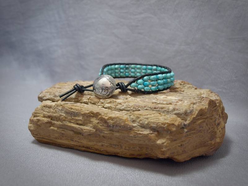 Single wrap 6mm Turquoise Rondelle, Black Leather and Buffalo Nickel - 8 in $70.00