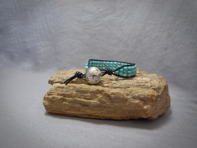 Single wrap 6mm Turquoise Rondelle, Black Leather and Indian Head Nickel - 8 in $70.00