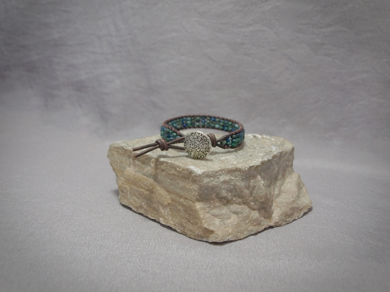 Single wrap 4mm Azurite/Malachite Rondelle, Brown leather and button clasp - 8 in $50.00