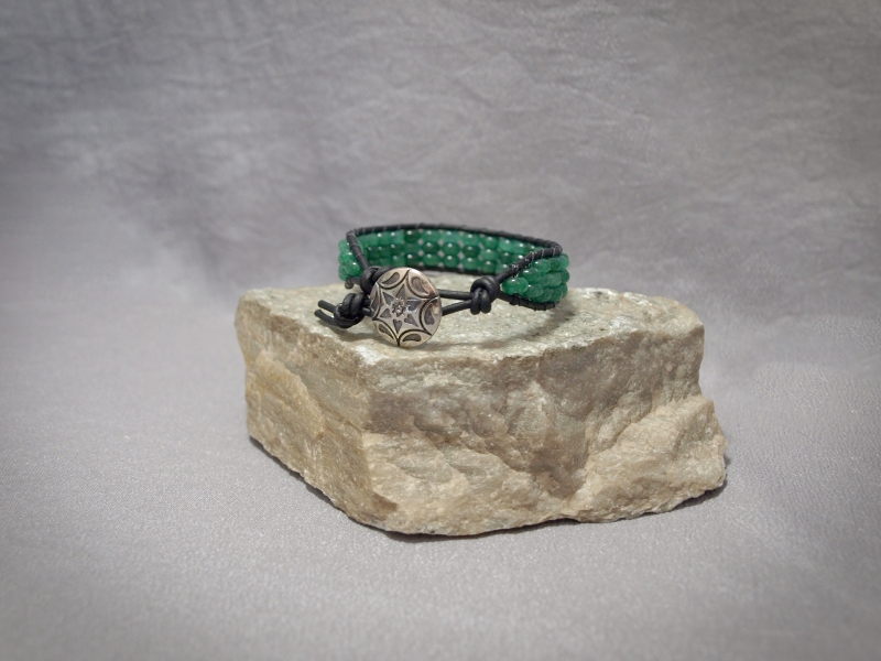 Single wrap 6mm Chrysoprase Rondelle, Black leather and button clasp - 8 in $45.00