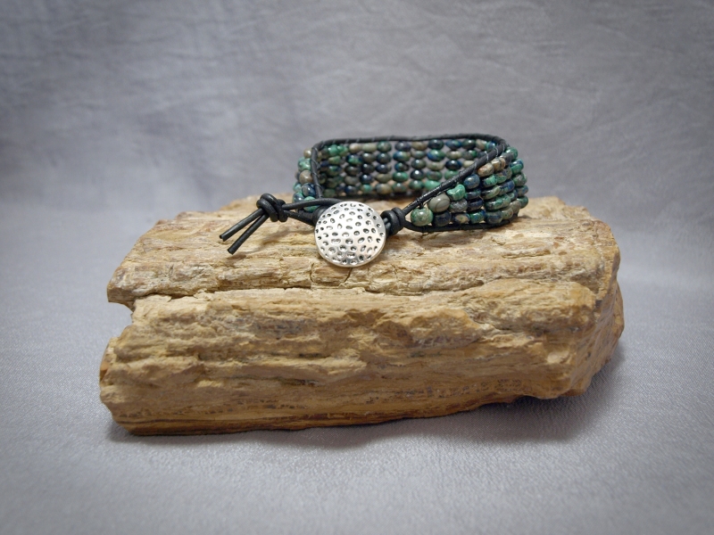 Single wrap 6mm Azurite/Malachite Rondelle, Black leather and button clasp - 8 in $65.00