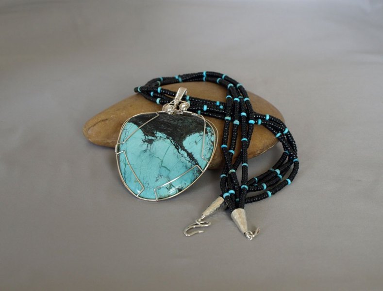 4 Strand US Turquoise & Black Jade Necklace with Removable Hand Wrapped Turquoise Pendent 22in.