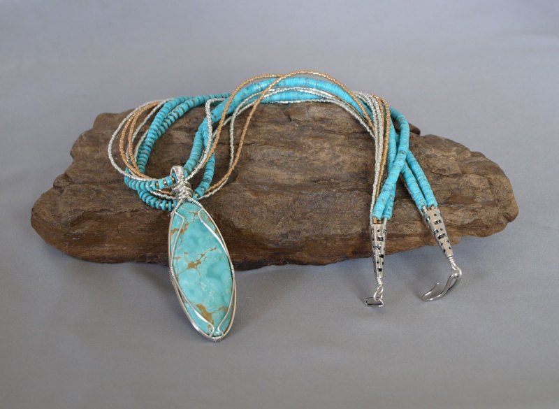 7 Stand US Turquoise (NM) Necklace with Removable Hand Wrapped  Pendent 23 in.