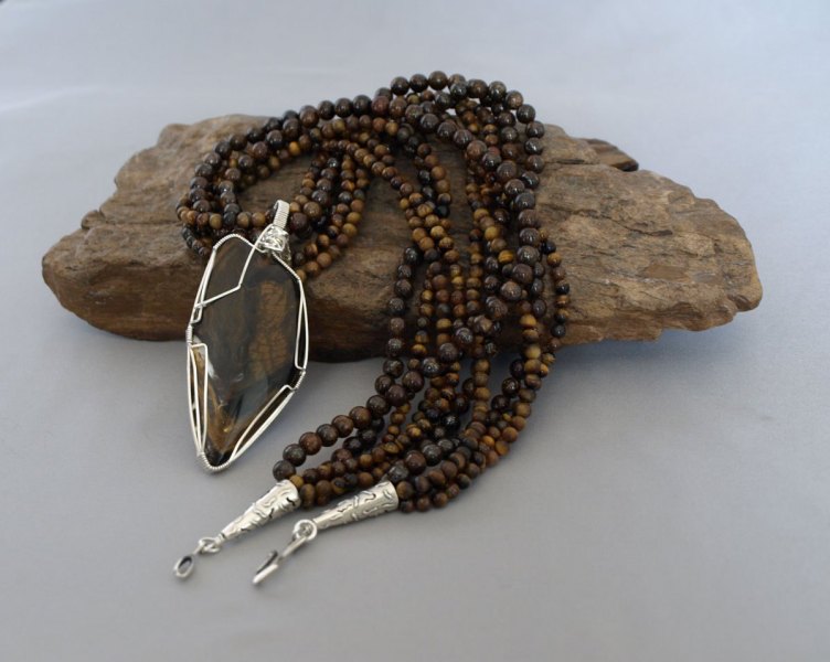 5 Strand Bronzite & Tigers Eye Necklace with Removal Hand Wrapped Pendent 24 in. - $210.00
