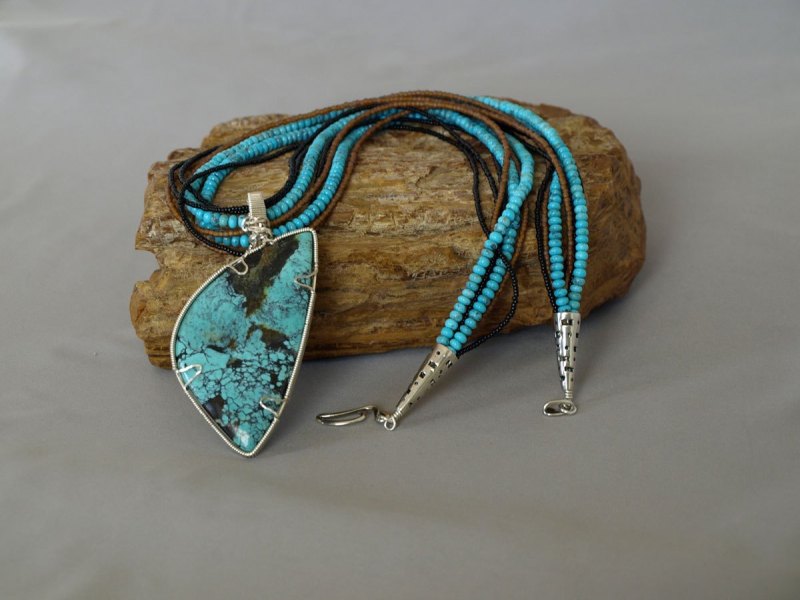 7 Strand US Turquoise (NM) with Black & Brown Seed beads Necklace with Removable Hand Wrapped  Pendent 23 in. - $275.00