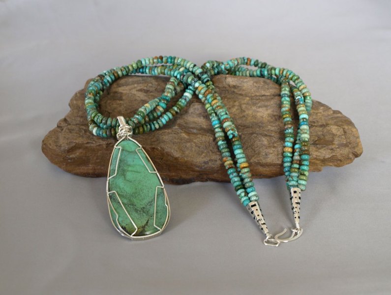 3 Strand Green Turquoise Necklace with Removable Hand Wrapped Pendent  23.5 in.
