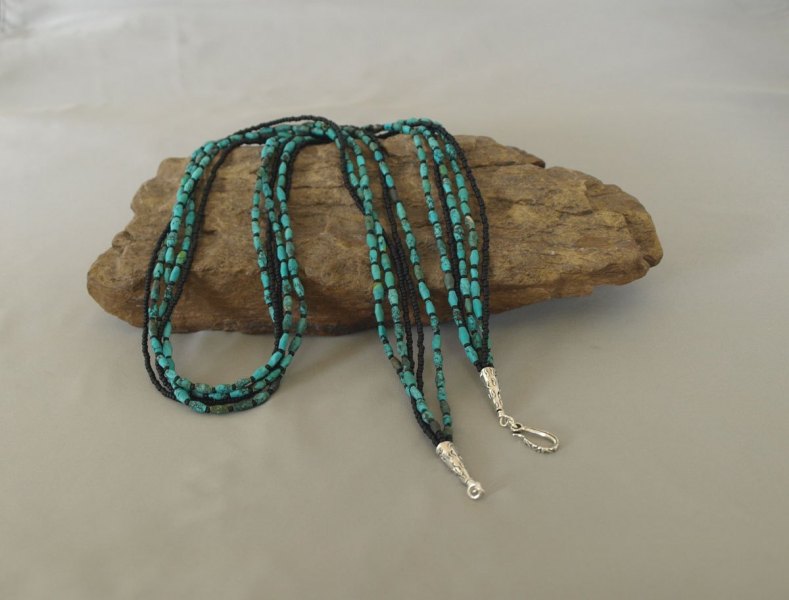 5 Strand Matted Turquoise & Black Seed Bead Necklace 30 in.