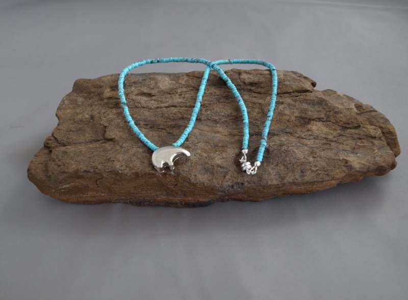 US Turquoise with Sterling Silver Fetish Bear Necklace 17.5 in.