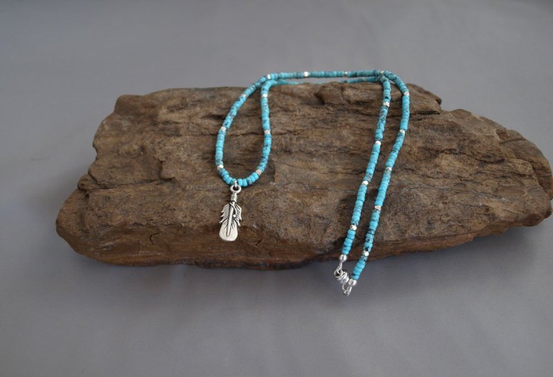 US Turquoise, with Sterling Silver Spacers & Sterling Silver  Feather Necklace 18.5 in.