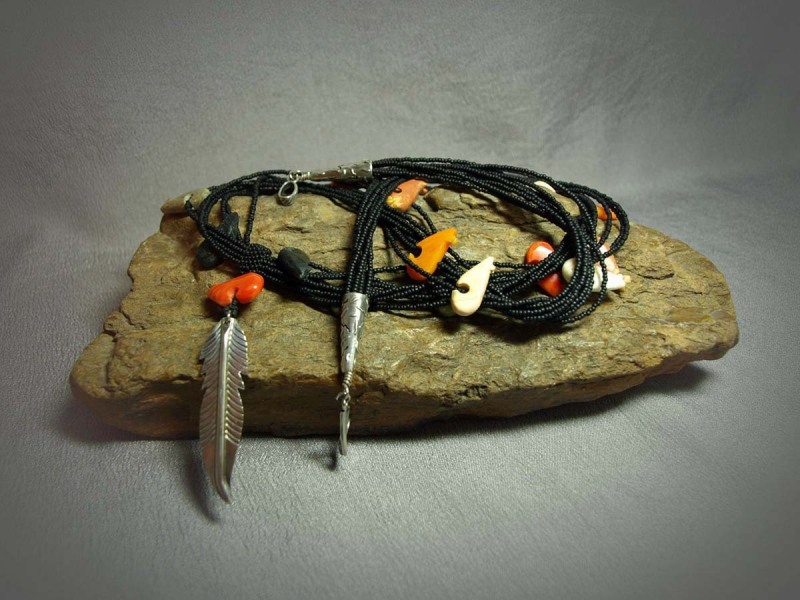 8 Strand Necklace matte black seed beads with various stone Fetesh Bears (17), Sterling silver feather, cones and clasp - 26in