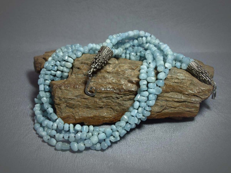 5 Strand Necklace Aquamarine, black matte seed beads, white brass cones and sterling silver clasp - 23in