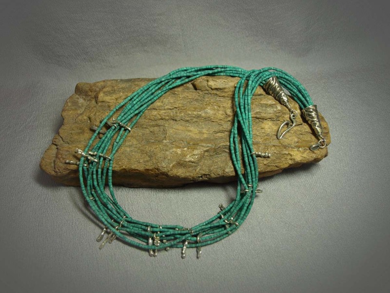 8 Strand Necklace Raw Malachite Heshi, Pure silver spikes (33), white brass cones and sterling silver clasp - 21inNecklace is $240.00