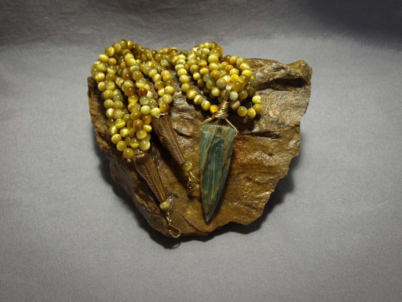 5 Strand Necklace Yellow Tiger Eye, Blue Calcite pendent, gold plated cones and clasp - 25in and Pendent is 2.5inNecklace is $295.00