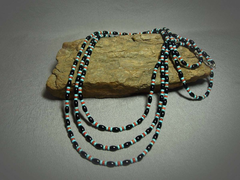 Single Strand Necklace Onyx, Apple Coral, Turquoise, and sterling silver clasp - 75 in (displayed as a 3 wrap)Necklace is $115.00