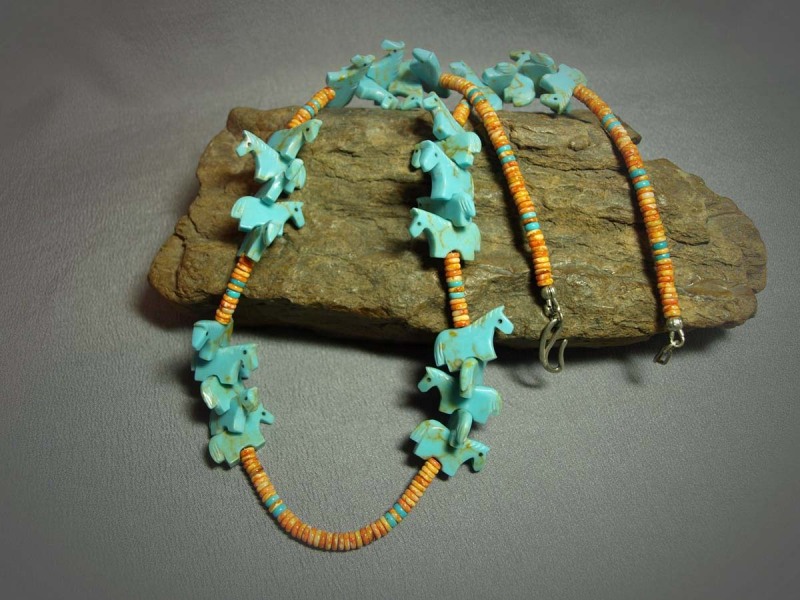 Single Strand Necklace Magnesite Horse Fetish's, Spiny Oyster, Turquoise, and sterling silver clasp - 26inNecklace is $ 185.00