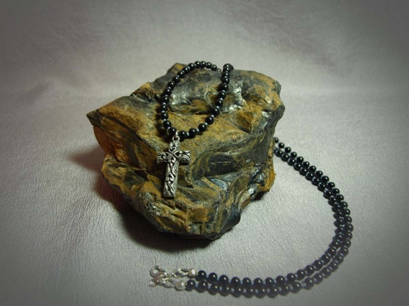Single Strand Necklace 4MM Round Onyx, matte purple see beads, Sterling Silver Cross, and Lobster claw clasp - 25 in and 1 in CrossNecklace is $50.00