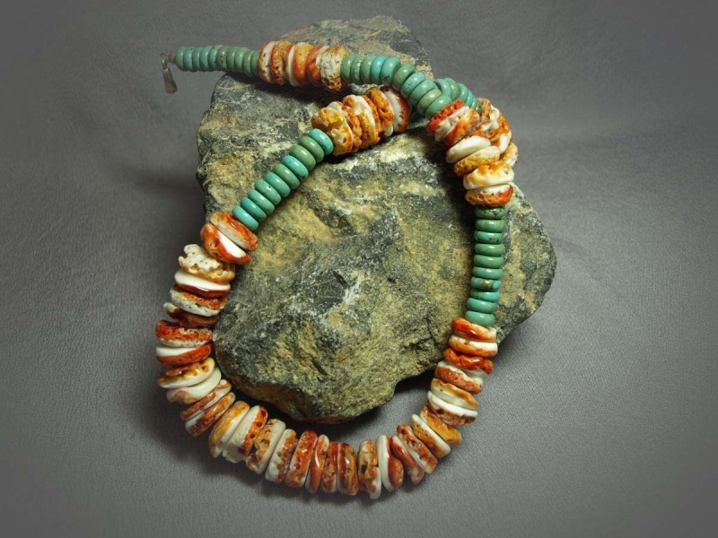 Single Strand Necklace Turquoise Rondell, Spiny Oyster, and sterling silver Clasp - 23 in Necklace is $175.00