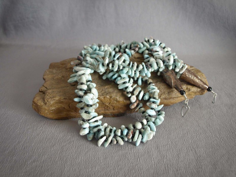 3 Strand Necklace Larimar large nuggets, 2mm black Jet Heshi, white brass cones and sterling silver clasp - 26 in280.00