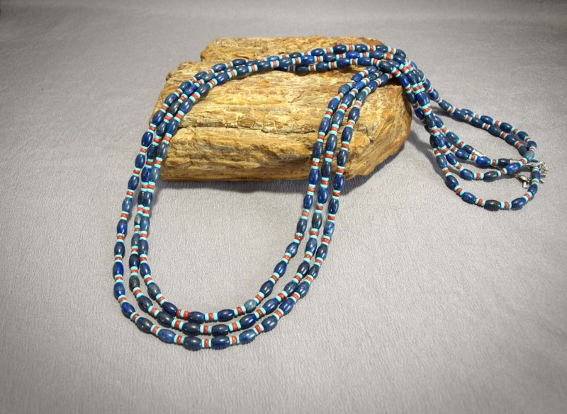 Single strand Necklace Lapis, Turquoise and Apple Coral, Sterling silver cones and clasp - 48 in (all 1 strand)$240.00