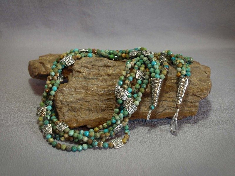 5 Strand Natural Turquoise, Pewter components, Sterling silver cones and clasp - 22.5 in