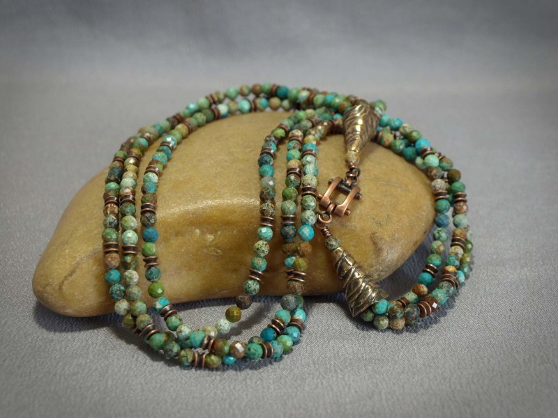 3 Strand Natural Turquoise and Copper spacers with Gold plated cones and Copper clasp- 21 in