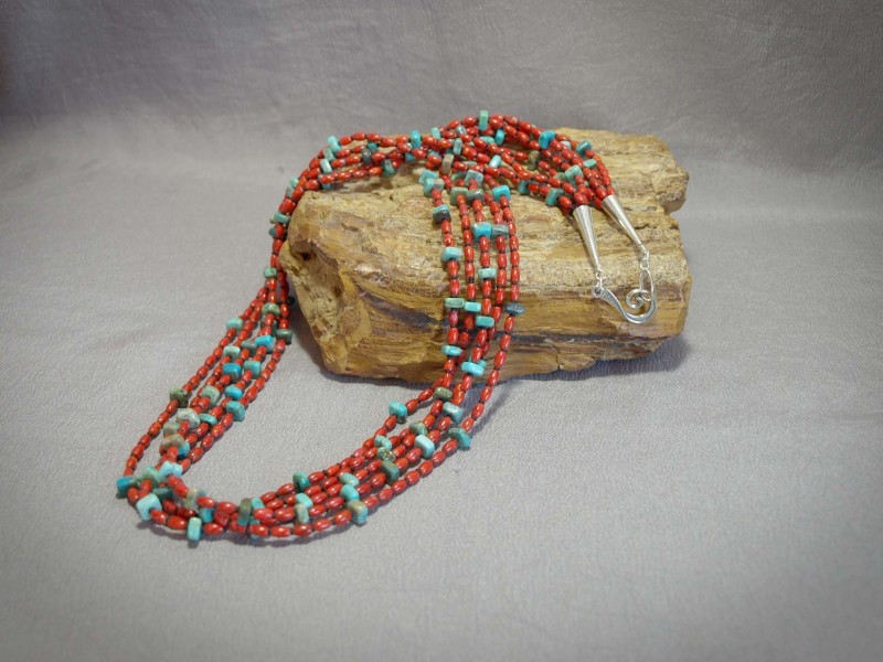 5 Strand necklace 3x5 Rice Apple Coral, Turquoise squares, Black matte Demi rounds, Sterling silver cones and clasp - 28 in $425.00