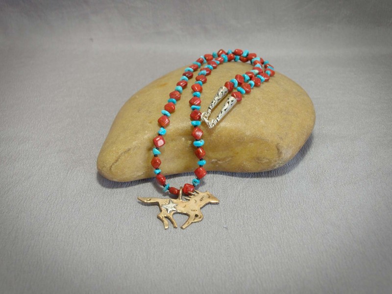 Single strand necklace Diamond shape Apple Coral, Sleeping Beauty Turquoise chunks, Black matte Demi rounds, Copper Horse pendent, Sterling silver cones and clasp - 21 in