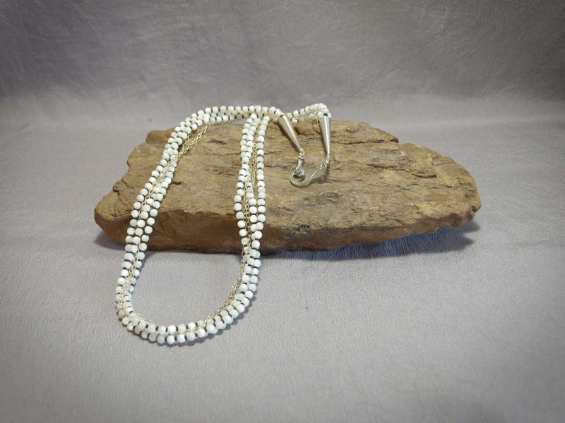 5 strand necklace 4mm Mother of Pearl and Sterling silver chain, Black matte Demi rounds, Sterling silver cones and clasp - 21 in