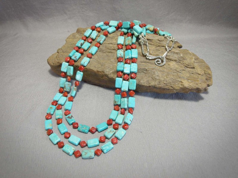 3 strand necklace Rectangle Turquoise, Diamond shaped Apple Coral, Black matte Demi rounds, Sterling silver component and clasp - 24 in Necklace is $400.00