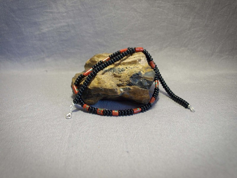 Single strand necklace 6mm Onyx Rondelles, Coral with Turquoise inlay, Sterling silver Lobster clasp - 20 in