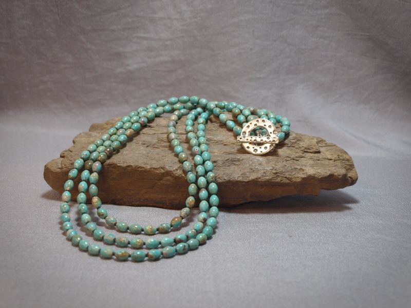 3 strand necklace medium Rice Turquoise, black Demi rounds, and sterling silver clasp