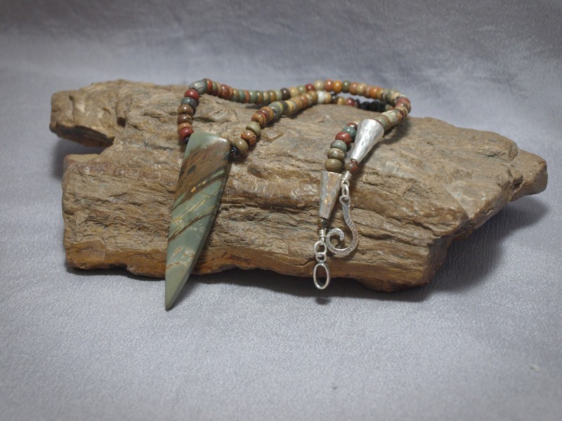 Single strand necklace Rondell Picture Jasper and Picture jasper pendent, sterling silver cones and clasp - 20.5 in Necklace is $97.00