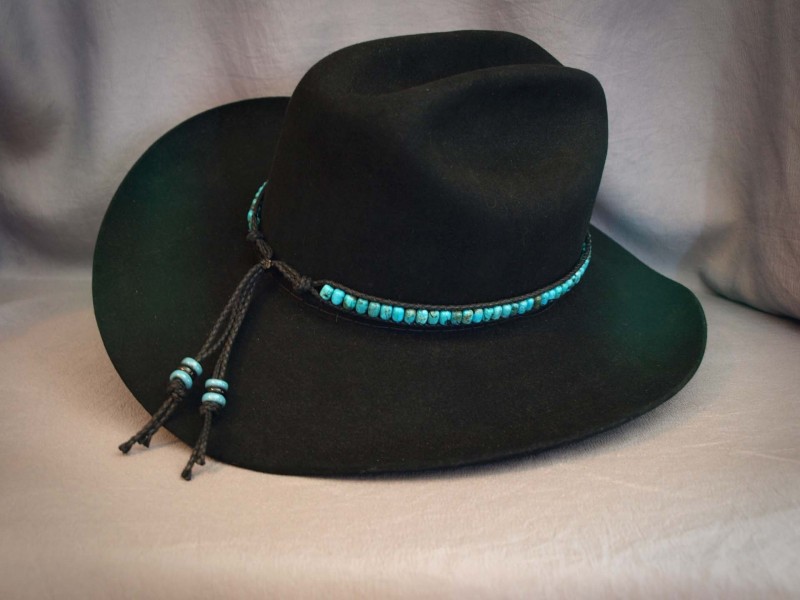 Turquoise medium Barrels, Black cotton bolo cord, Black & Blue pottery Rondell - adjustable 24 in to 27 in$160.00