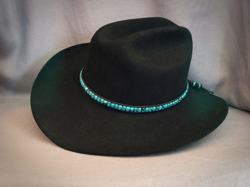 Turquoise medium Barrels, Black cotton bolo cord, Black & Blue pottery Rondell - adjustable 24 in to 27 in$160.00