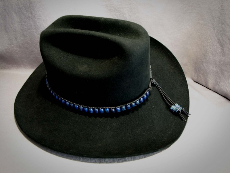 Lapis Large Hole Rice, Black leather, Blue pottery Rondell - Adjustable 23 in to 26 in$140.00