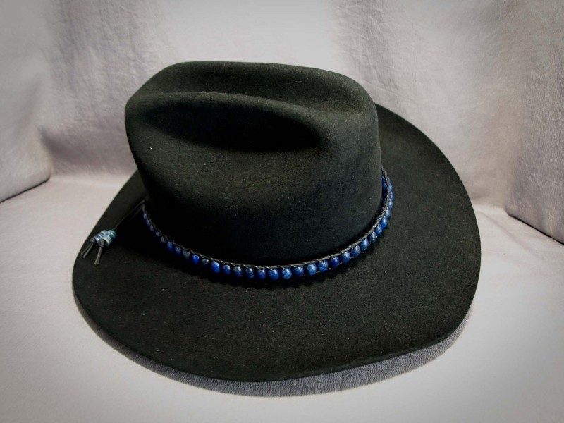 Lapis Large Hole Rice, Black leather, Blue pottery Rondell - Adjustable 23 in to 26 in$140.00