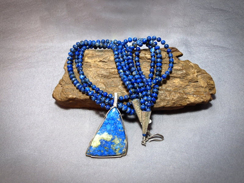 NC1120 - 3 strand necklace 6mm round Lapis and 8mm Rondell Lapis, silver glass seed beads, sterling silver cones and clasp - 24 in - $195.00 / NC1121 - Lapis Pendent wire wrapped in sterling silver- 3 in - $145.00